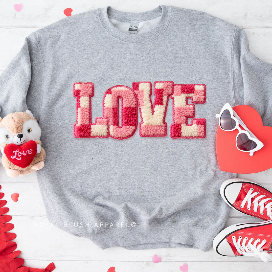 Checkered LOVE Faux-Latch Hook Sweatshirt