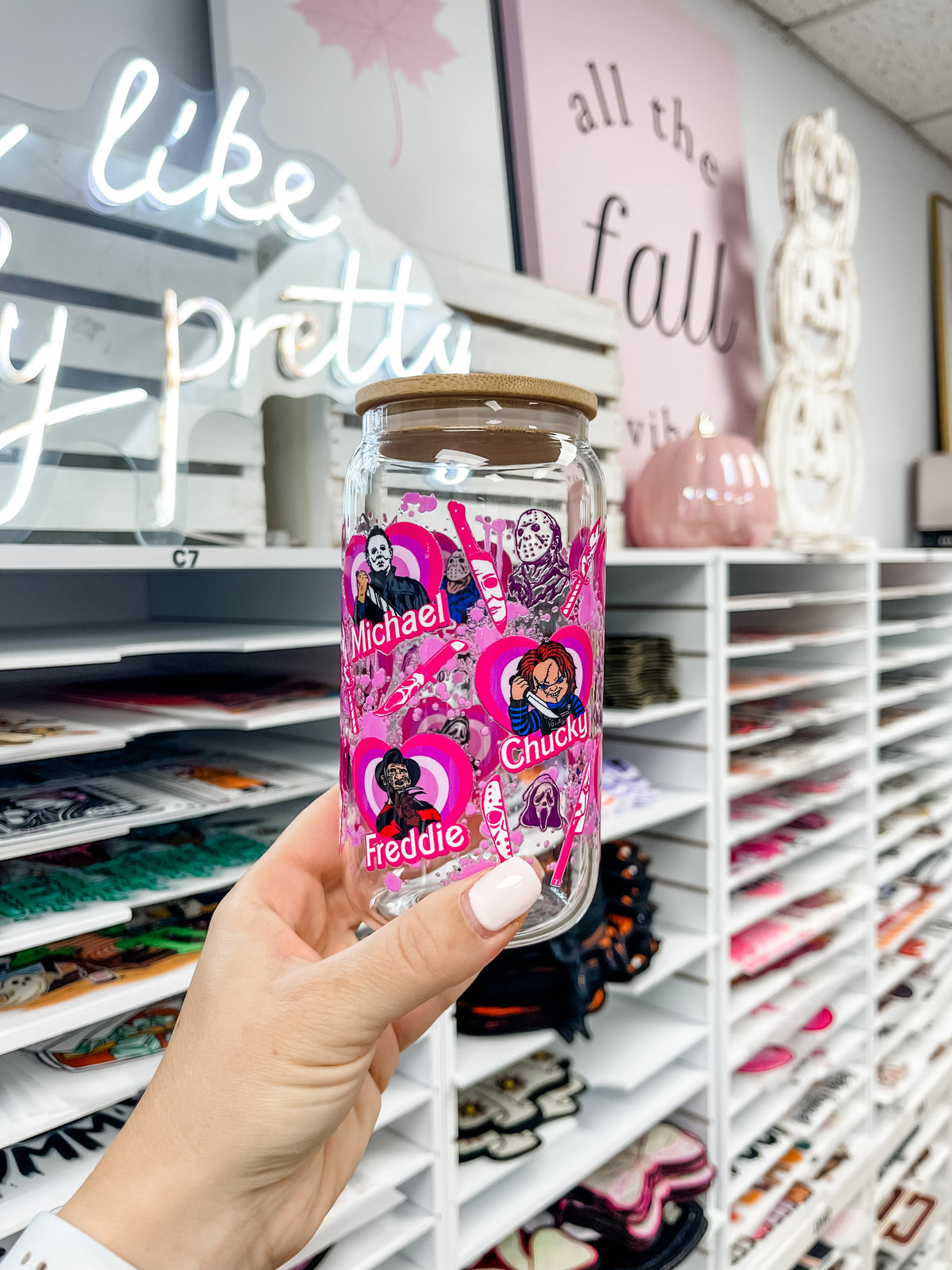Pink Horror glass iced coffee cup with bamboo lid and glass straw