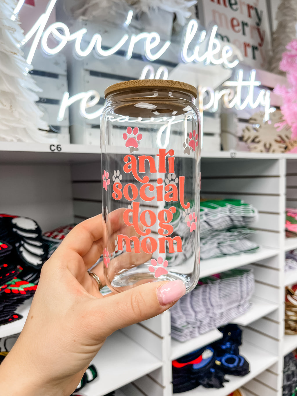 Anti Social Dog Mom glass iced coffee cup with bamboo lid and glass straw