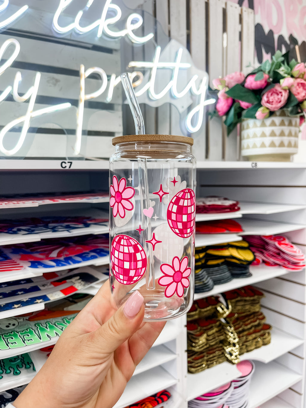 Disco Flowers glass iced coffee cup with bamboo lid and glass straw