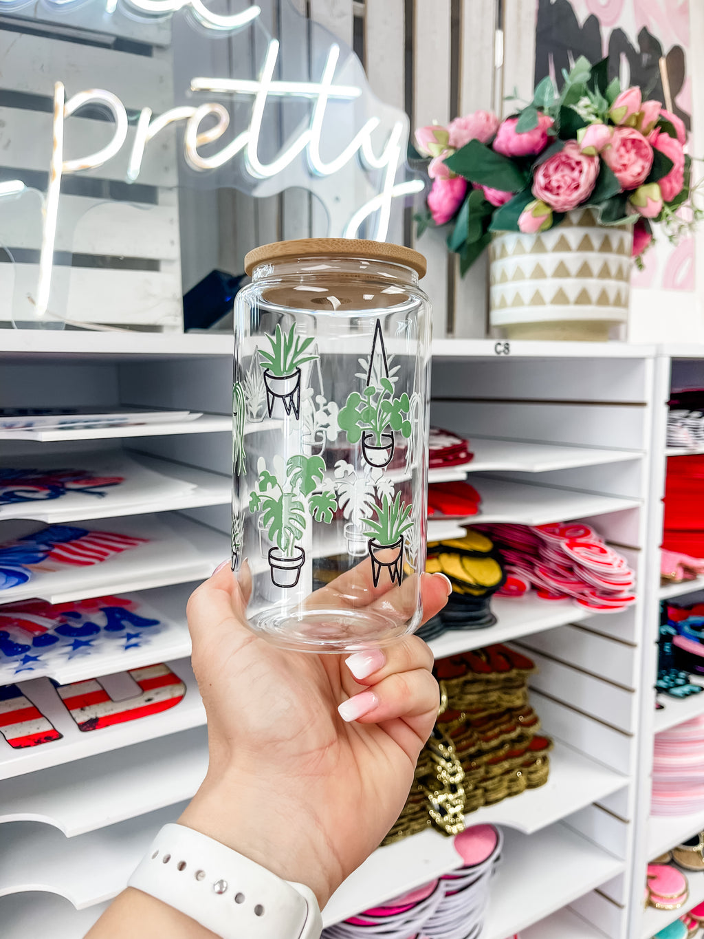 Indoor Plants glass iced coffee cup with bamboo lid and glass straw