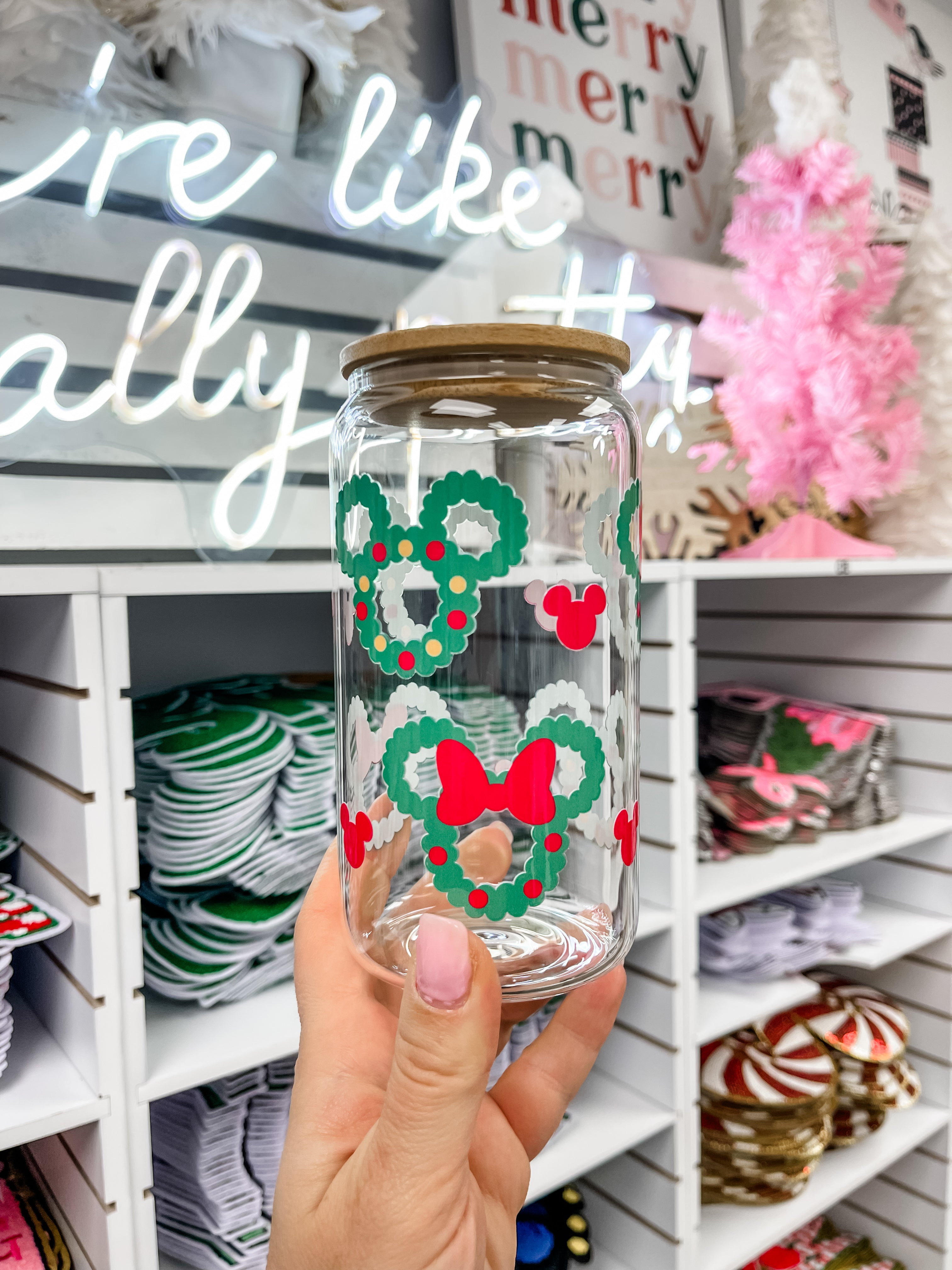 Wreath Mouse Ears Iced Coffee Glass