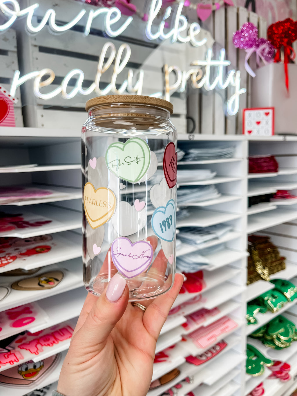 Eras Candy Hearts glass iced coffee cup with bamboo lid and glass straw