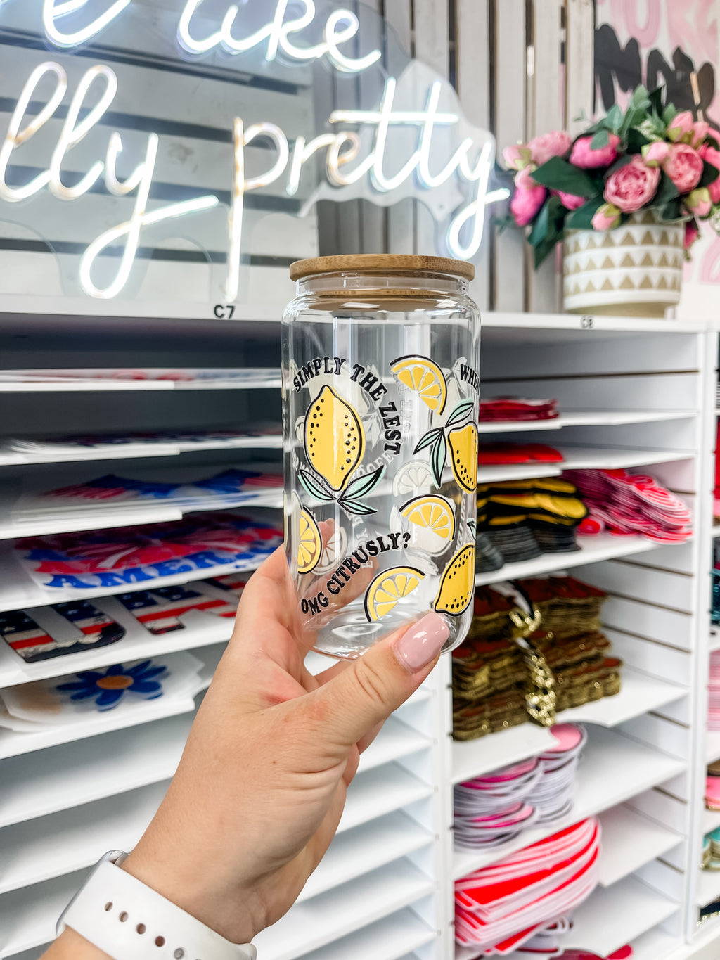 Lemon glass iced coffee cup with bamboo lid and glass straw