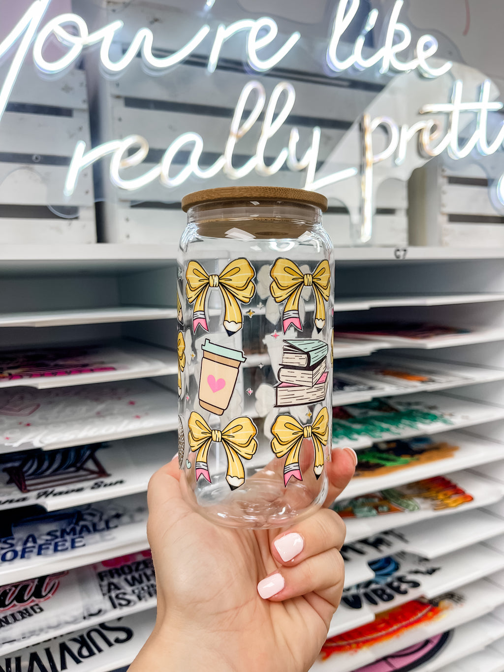 Teacher Pencil Bows glass iced coffee cup with bamboo lid and glass straw