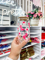 Pink Cowboy Boots & Flowers glass iced coffee cup with bamboo lid and glass straw