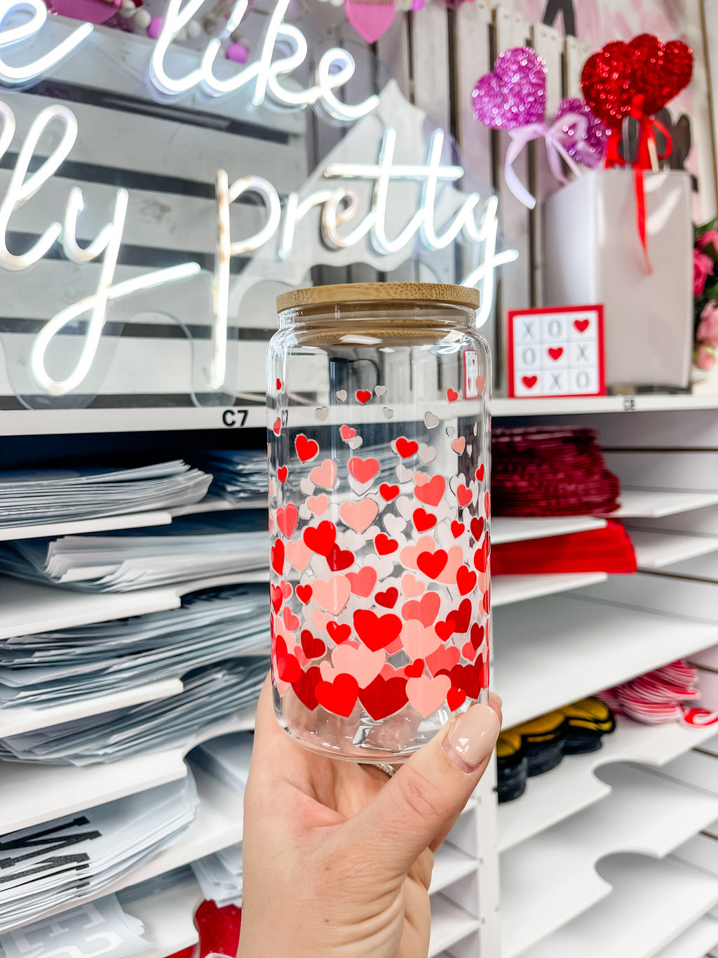 Floating Hearts glass iced coffee cup with bamboo lid and glass straw
