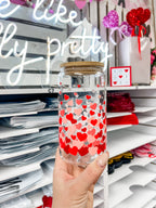 Floating Hearts glass iced coffee cup with bamboo lid and glass straw