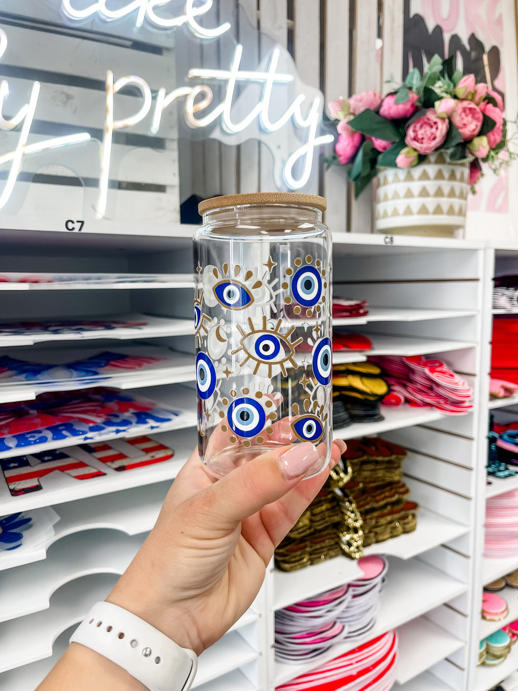 Evil Eye glass iced coffee cup with bamboo lid and glass straw