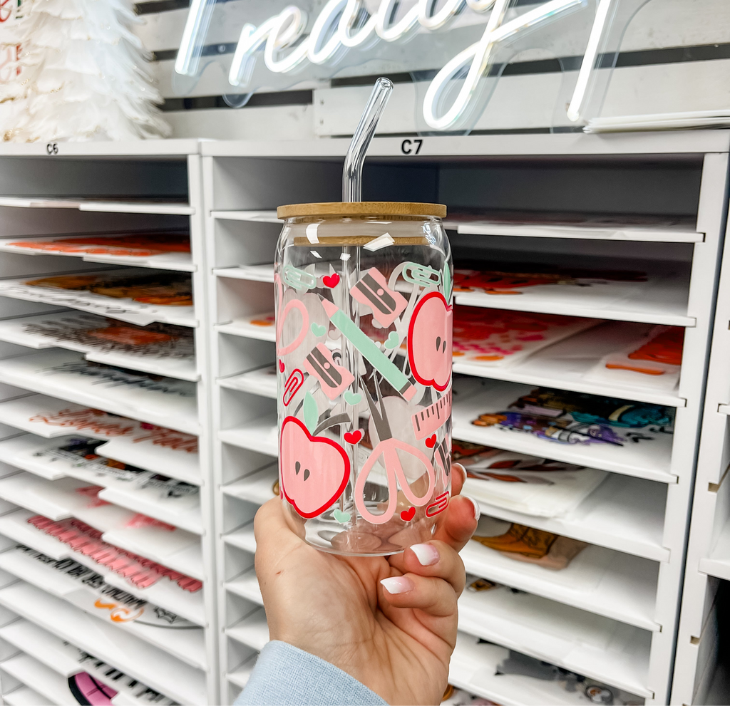 Teacher Supplies glass iced coffee cup with bamboo lid and glass straw