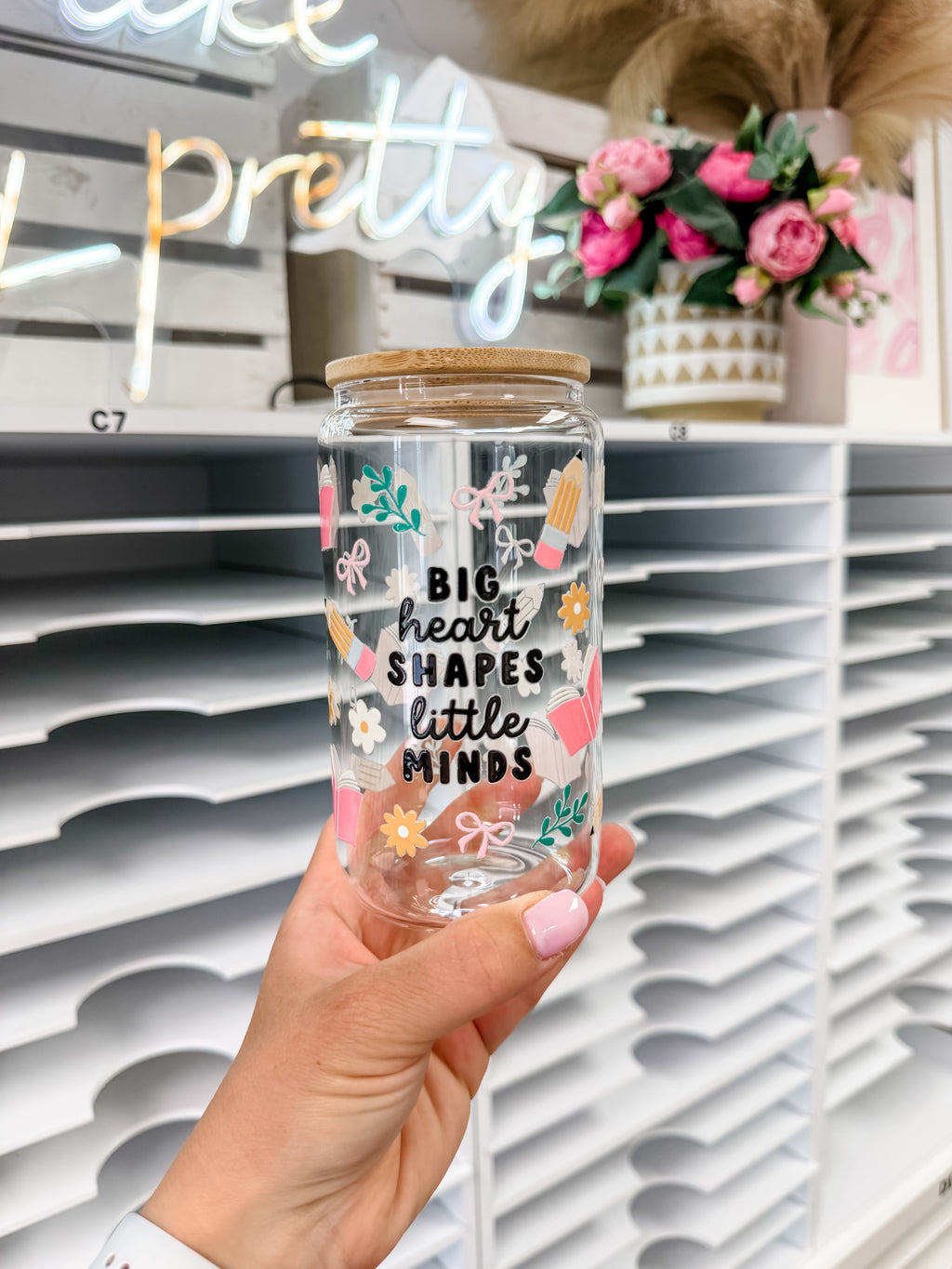 Big Heart Shapes Little Minds glass iced coffee cup with bamboo lid and glass straw