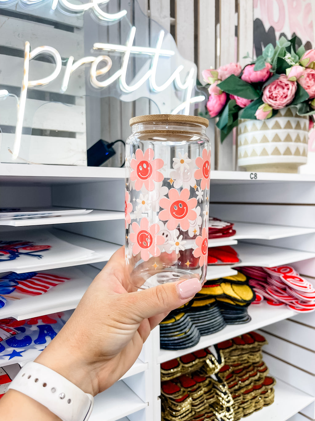 Pink Smiley Flowers glass iced coffee cup with bamboo lid and glass straw