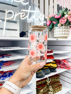 Pink Smiley Flowers glass iced coffee cup with bamboo lid and glass straw