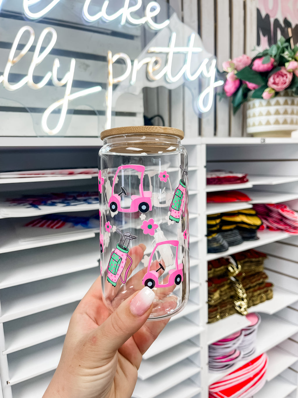 Girly Golf glass iced coffee cup with bamboo lid and glass straw