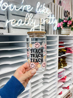 Smiley Teach glass iced coffee cup with bamboo lid and glass straw