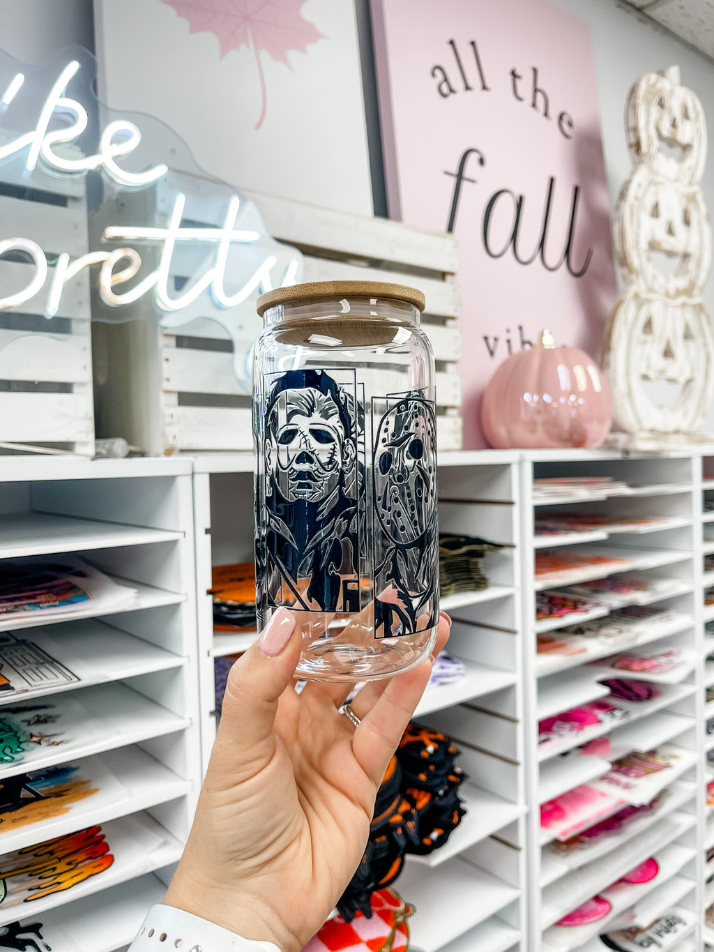 Five Horror Guys glass iced coffee cup with bamboo lid and glass straw