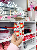 Red Cup Hearts glass iced coffee cup with bamboo lid and glass straw