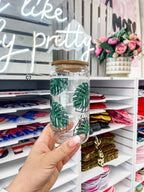 Monstera glass iced coffee cup with bamboo lid and glass straw