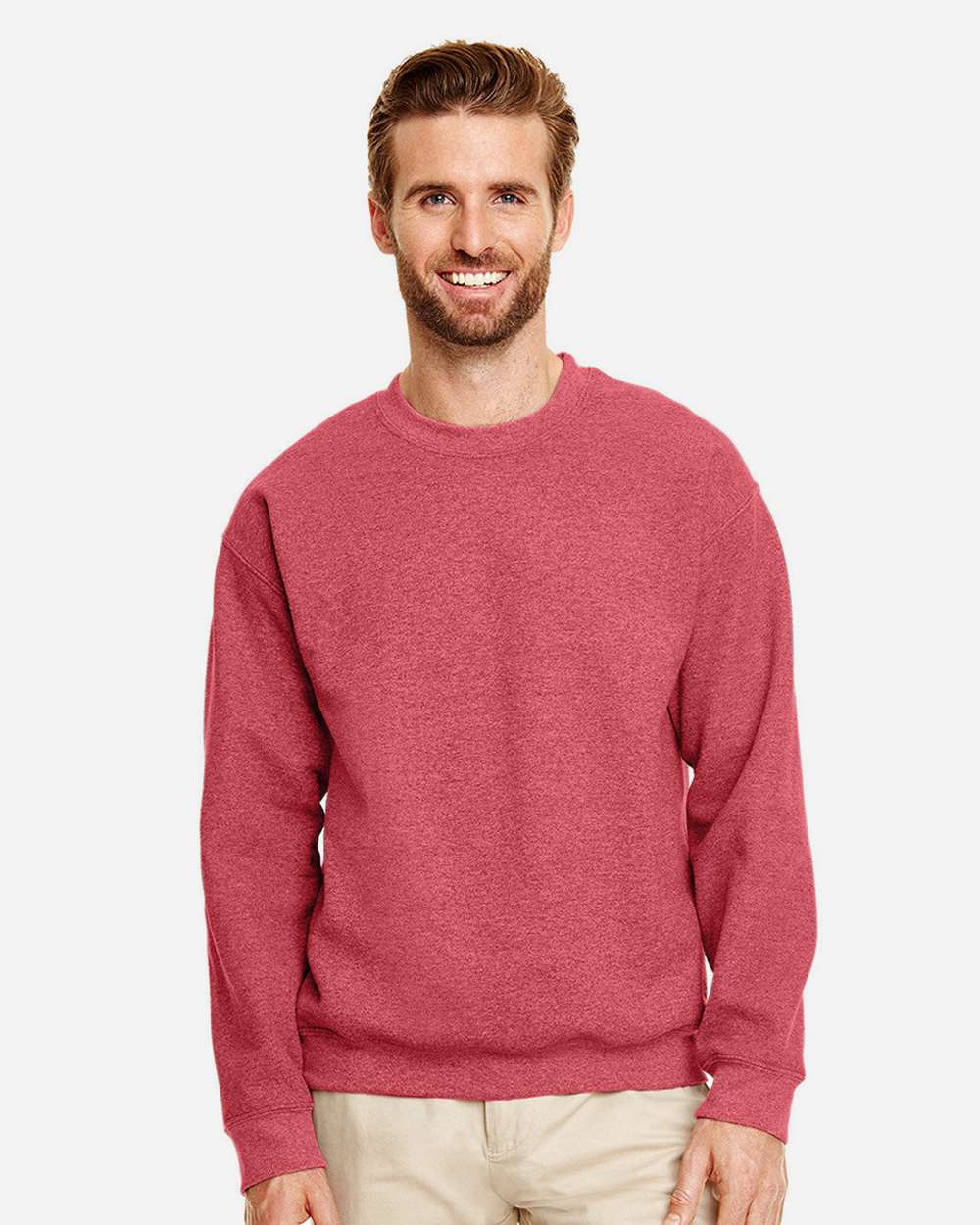 Man wearing a gildan red sweater against a plain background