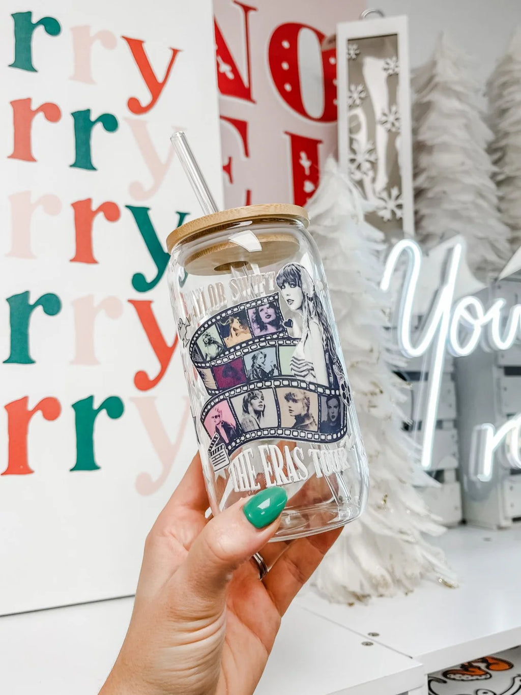 Film glass iced coffee cup with bamboo lid and glass straw