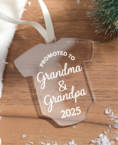 Promoted To Grandma &amp; Grandpa 2025/2026 Acrylic Baby Onesie Ornament