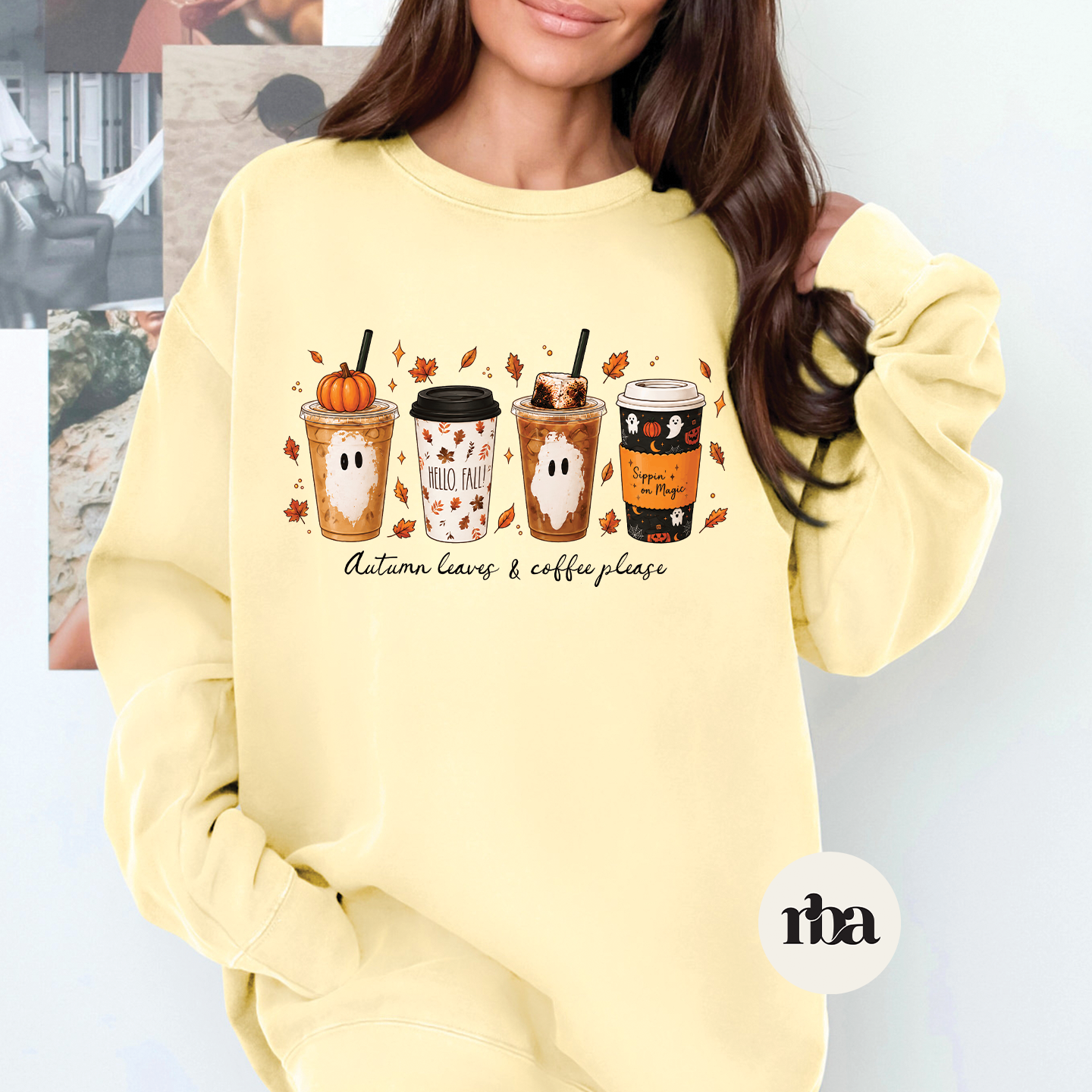 Autumn Leaves And Coffee Please Sweatshirt mockup.