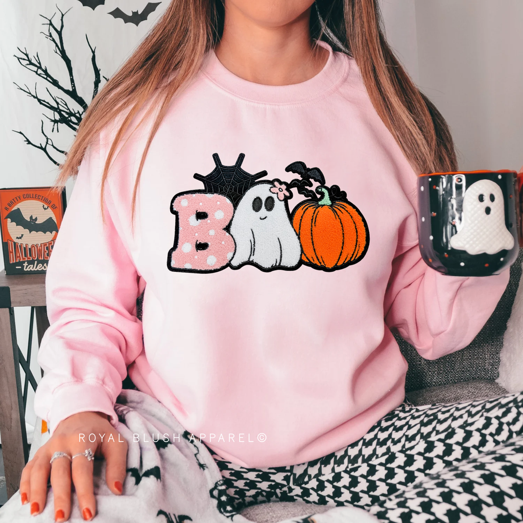 Boo Ghost Pumpkin Chenille Patch Sweatshirt mockup