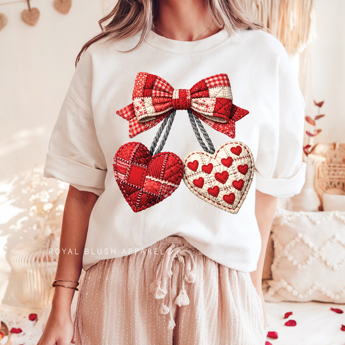 Cherry Hearts Quilted Relaxed Unisex T-shirt