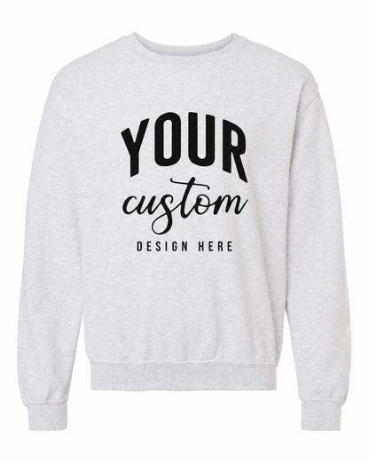 Custom Ash Grey Gildan 18000 unisex crewneck sweatshirt with Your Custom Design Here print