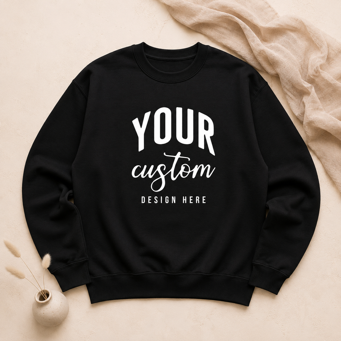 Custom unisex black crewneck sweatshirt with personalized design flat lay