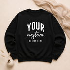 Custom unisex black crewneck sweatshirt with personalized design flat lay