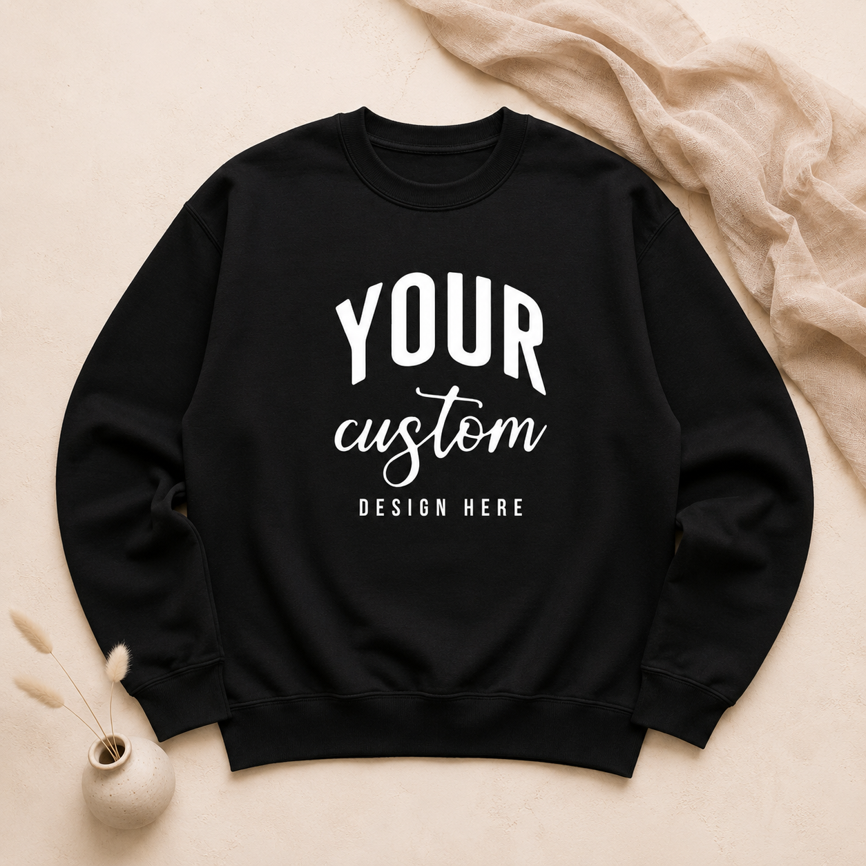 Custom unisex black crewneck sweatshirt with personalized design flat lay
