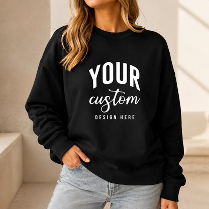 Woman wearing a custom black unisex crewneck sweatshirt