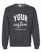 Custom Dark Heather Grey Gildan 18000 unisex crewneck sweatshirt with Your Custom Design Here print