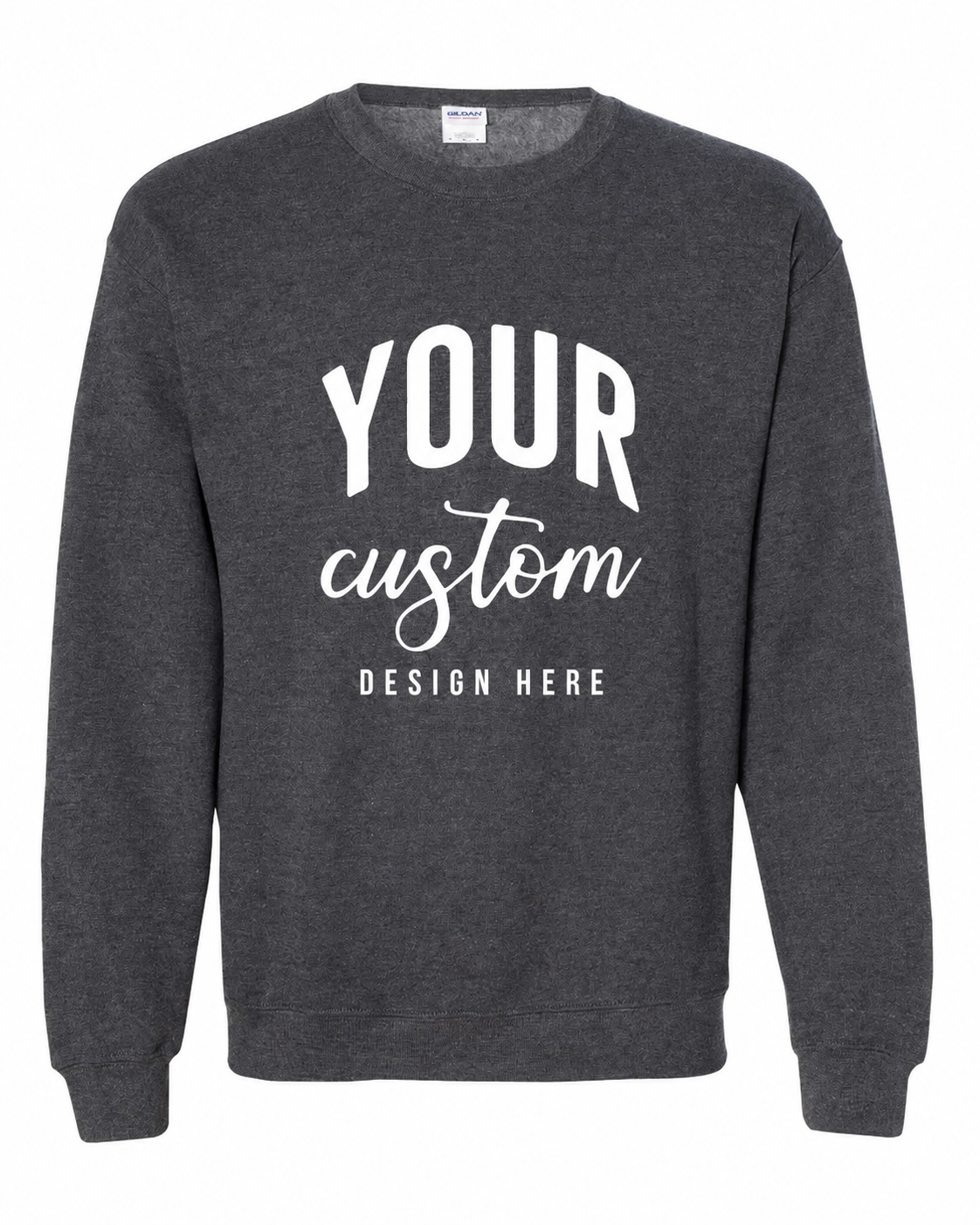 Custom Dark Heather Grey Gildan 18000 unisex crewneck sweatshirt with Your Custom Design Here print