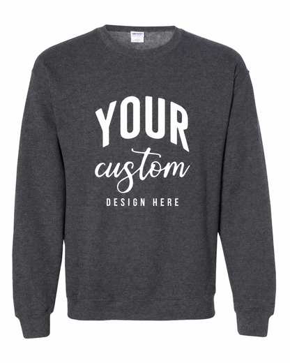 Custom Dark Heather Grey Gildan 18000 unisex crewneck sweatshirt with Your Custom Design Here print