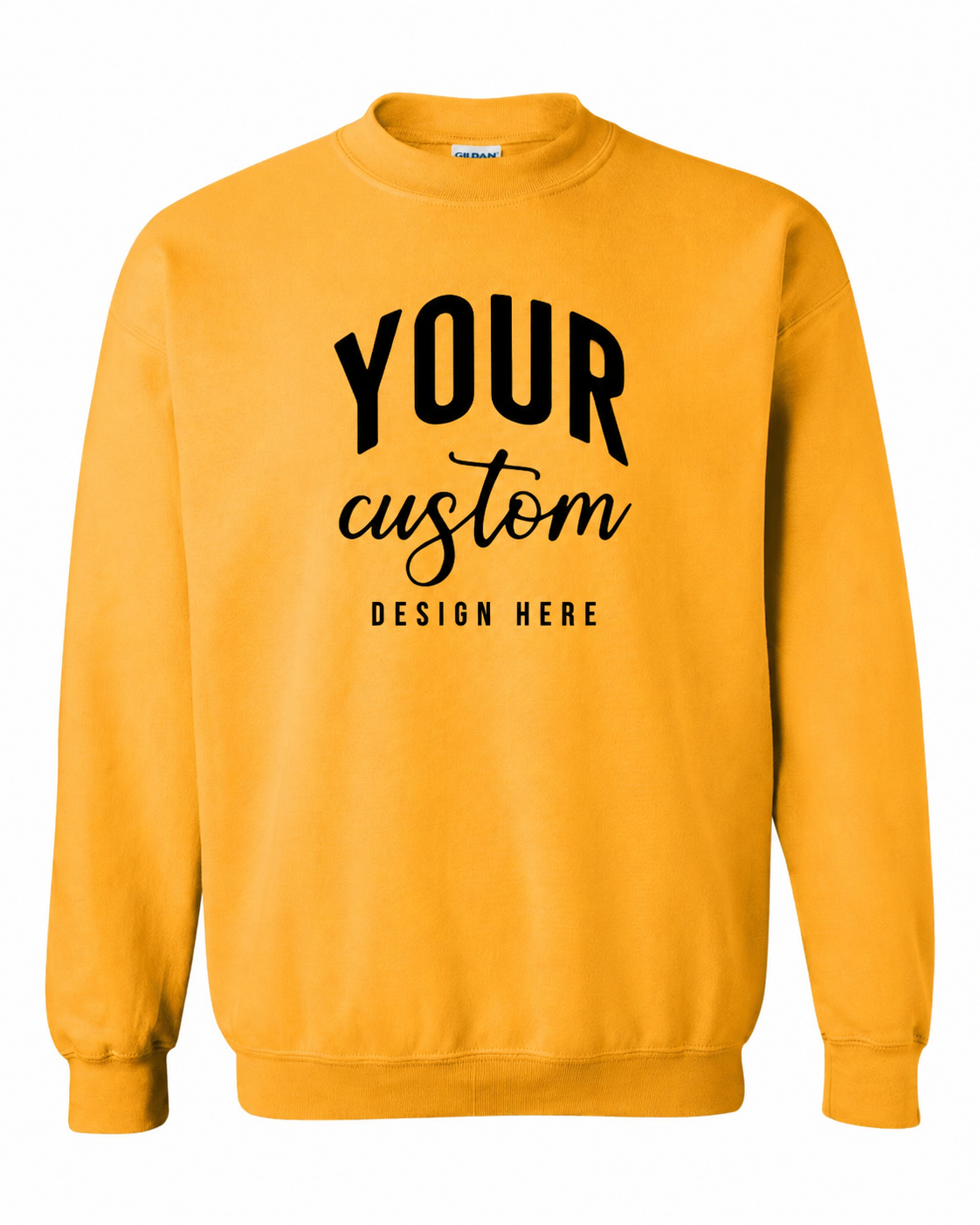 Custom Gold Gildan 18000 unisex crewneck sweatshirt with Your Custom Design Here print