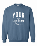 Custom Indigo Blue Gildan 18000 unisex crewneck sweatshirt with Your Custom Design Here print