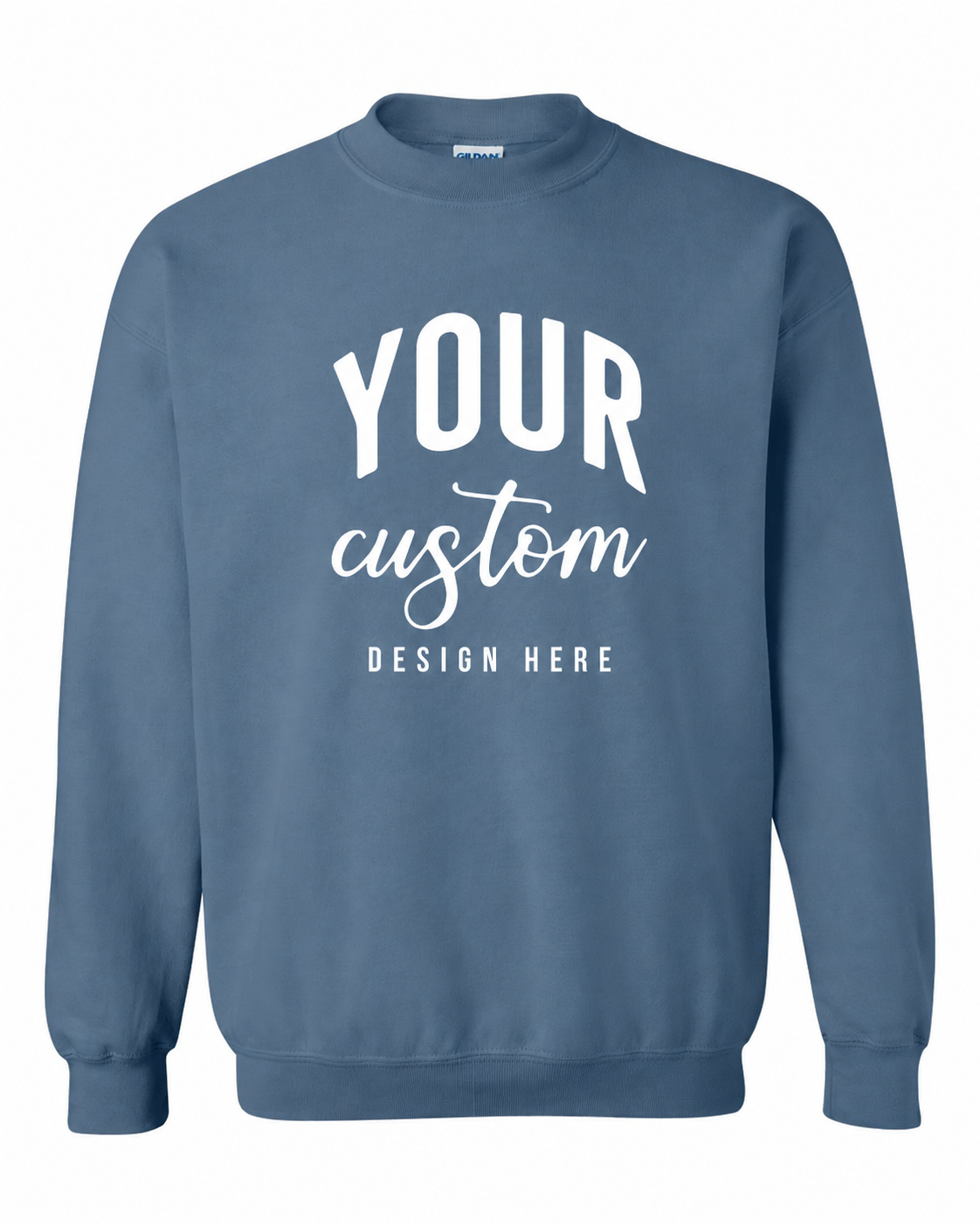 Custom Indigo Blue Gildan 18000 unisex crewneck sweatshirt with Your Custom Design Here print