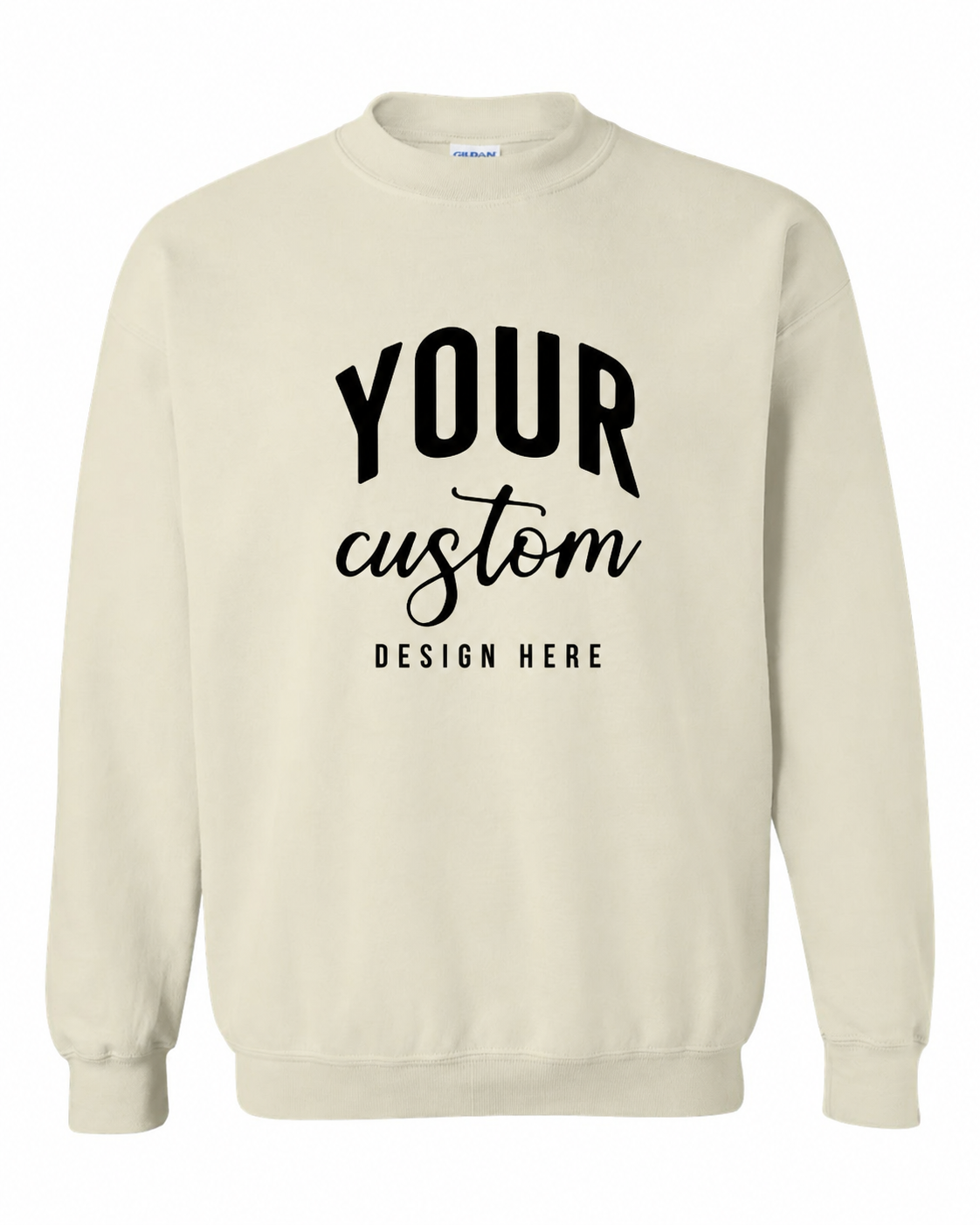 Custom Sand Gildan 18000 unisex crewneck sweatshirt with Your Custom Design Here print
