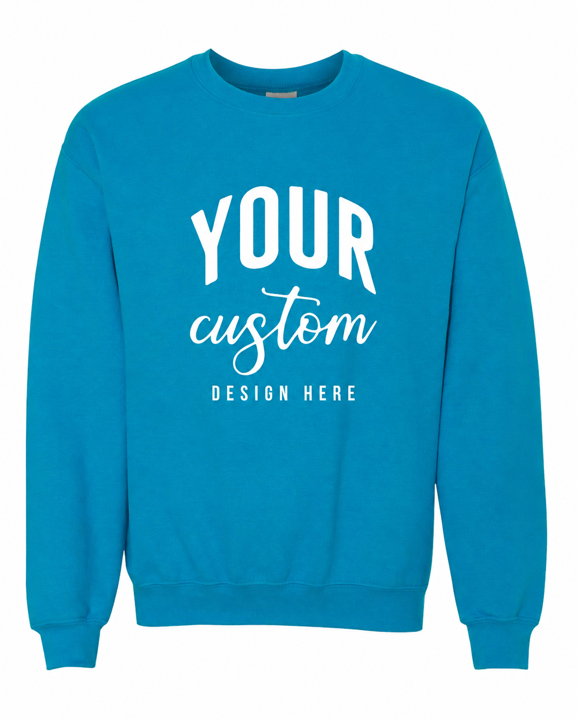 Custom Sapphire Blue Gildan 18000 unisex crewneck sweatshirt with Your Custom Design Here print