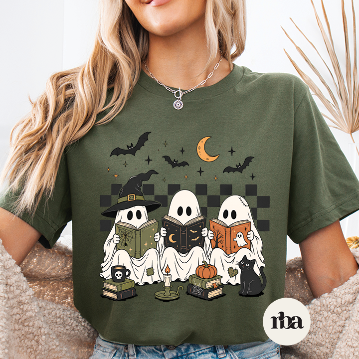 Bookclub Ghosts Halloween graphic T-shirt mockup.