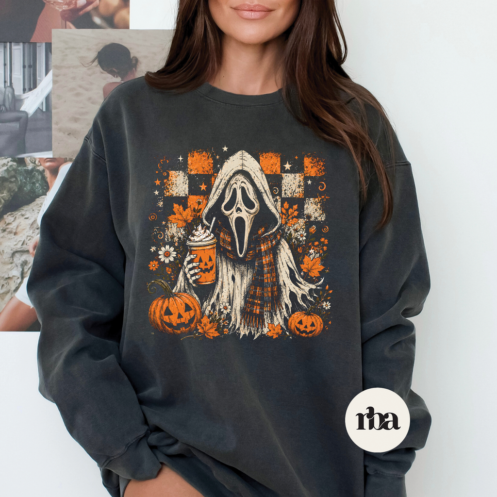 Coffee Ghost Face Sweatshirt mockup.