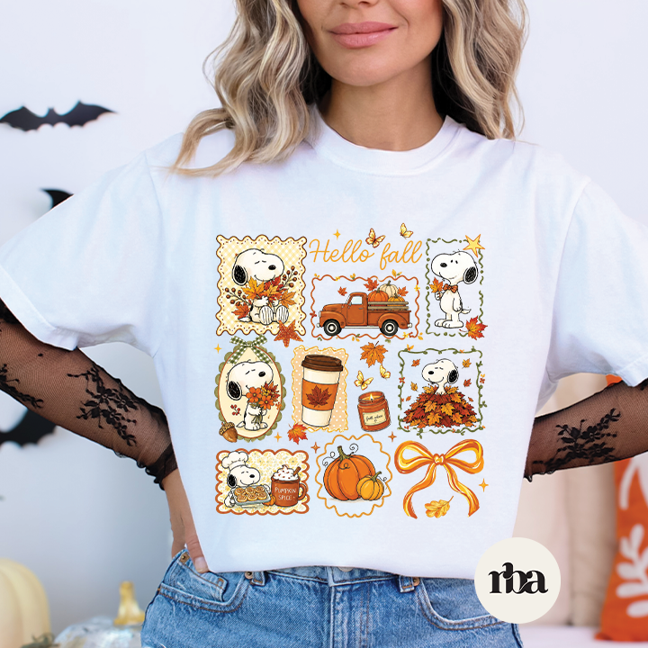 Hello Fall Snoopy fall graphic T-shirt mockup.