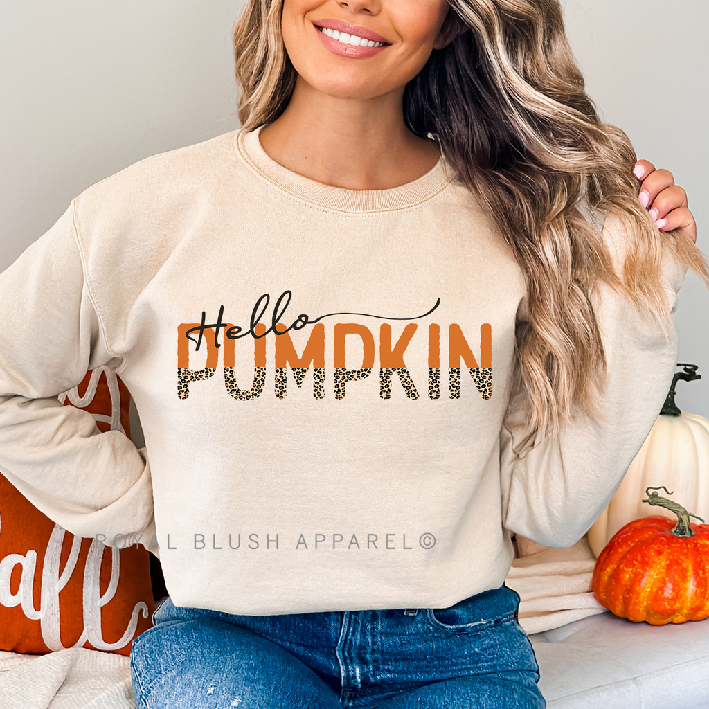Hello Pumpkin Leopard Sweatshirt Fall graphic Sweatshirt mockup.