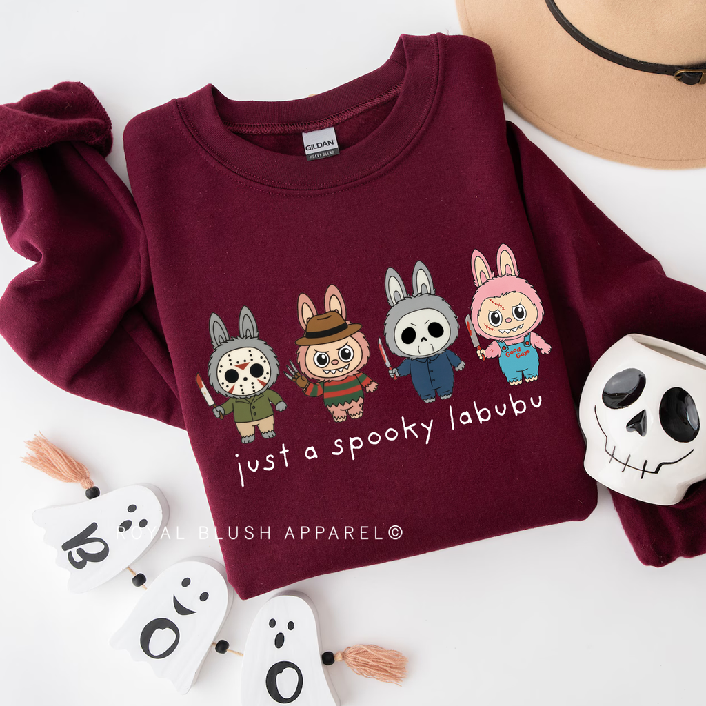 Just A Spooky Labubu Sweatshirt Halloween graphic Sweatshirt mockup.