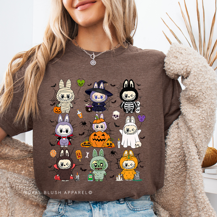 Checkered Labubu Halloween graphic T-shirt mockup.