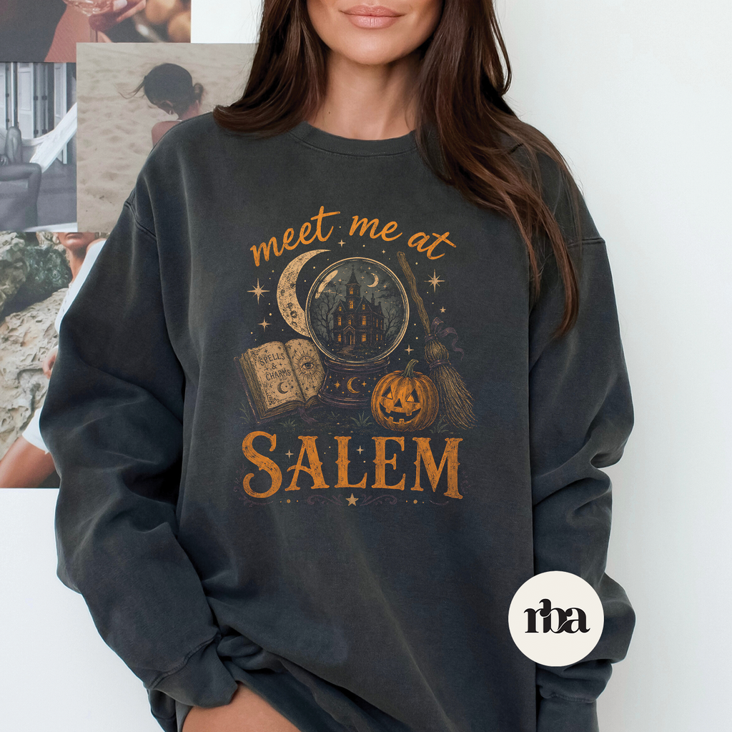 Meet Me At Salem Halloween graphic Sweatshirt mockup.