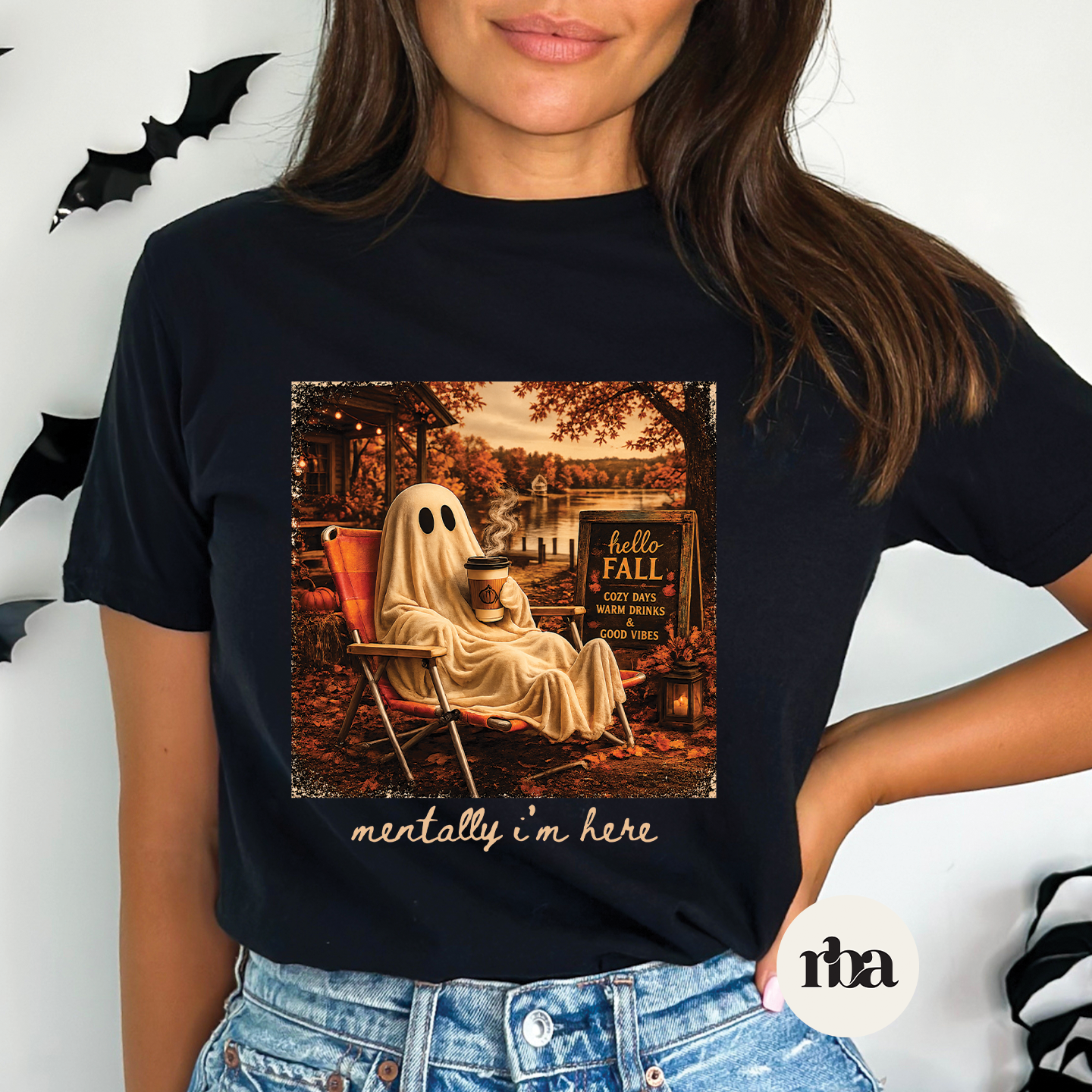 Ghost Mentally I'm Here Halloween graphic T-shirt mockup.