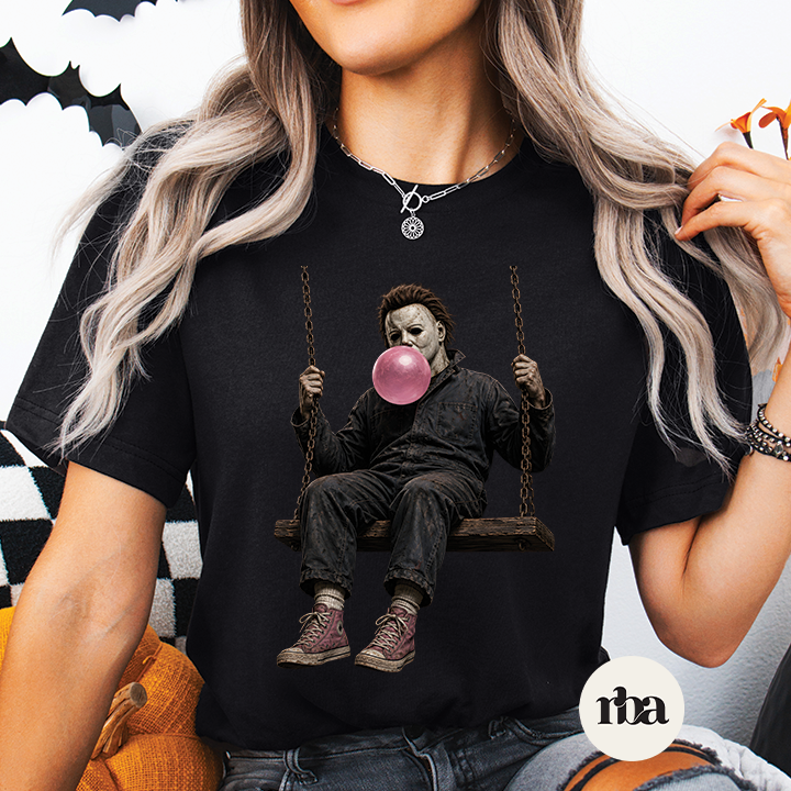 Myers Swing horror-icon graphic T-shirt mockup.